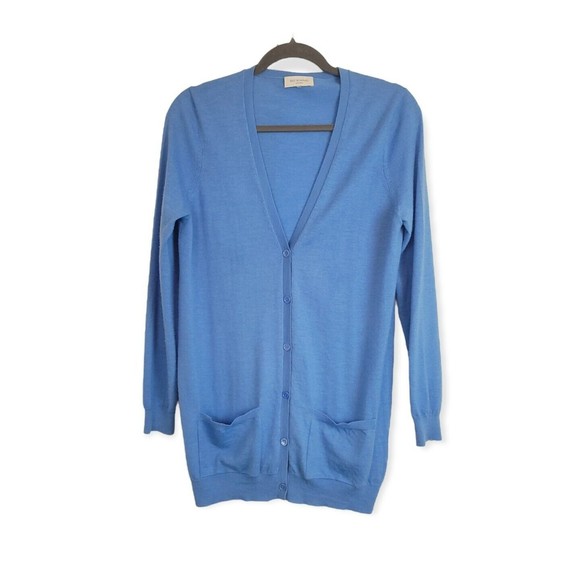 Eric Bompard 100% Cashmere Soft Cardigan V-Neck Classic Front Patch Pockets Blue - Picture 9 of 12